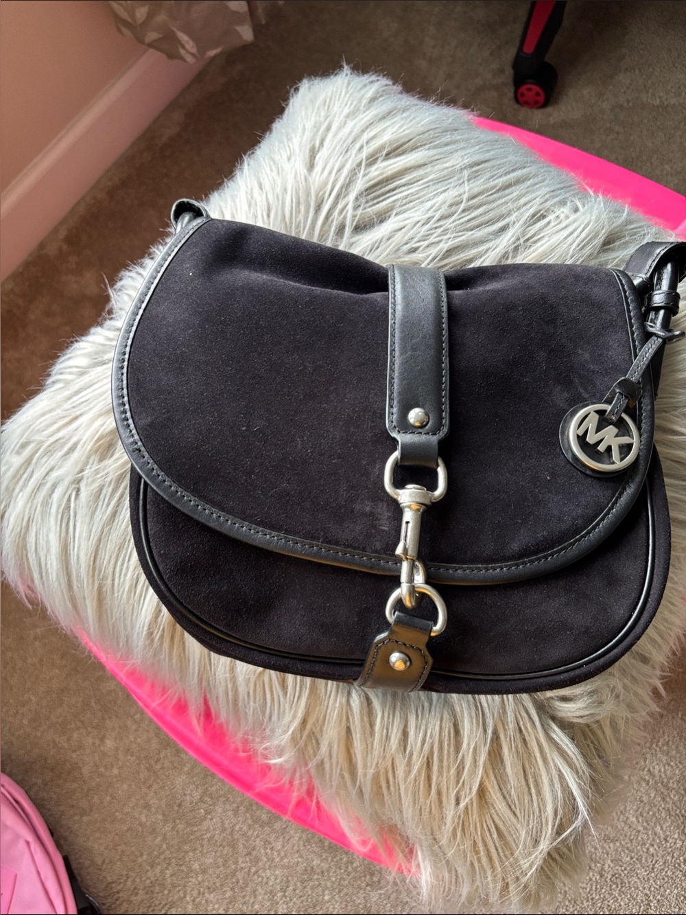 Michael Kors Black Suede Crossbody Saddle Bag
